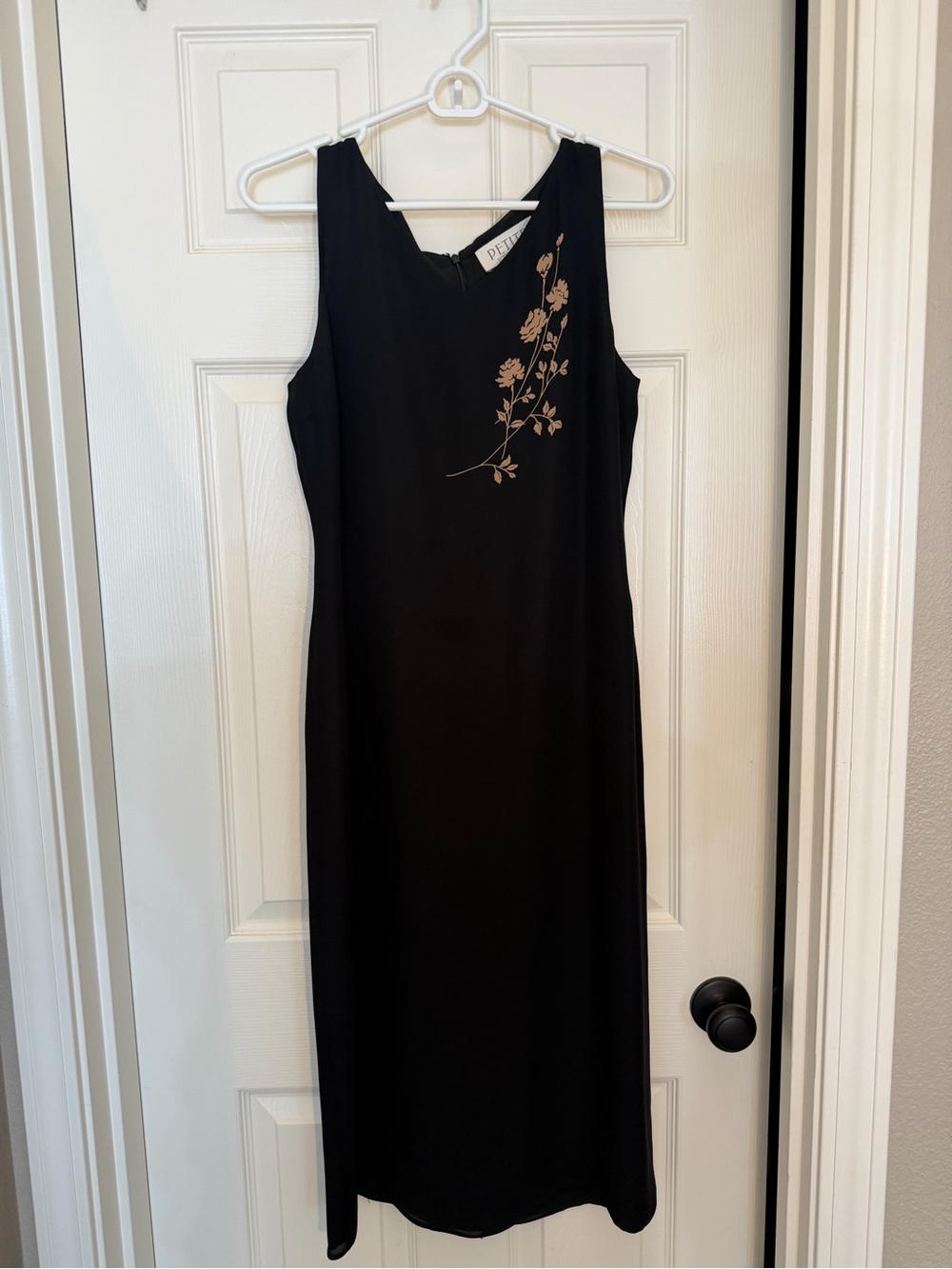 Petite Sophisticate Black Midi Dress with Gold Floral Accent